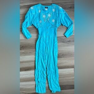 Vintage 80s 90s Teal One Piece Embroidered Tassel Fringe Jumpsuit Jacket Pants